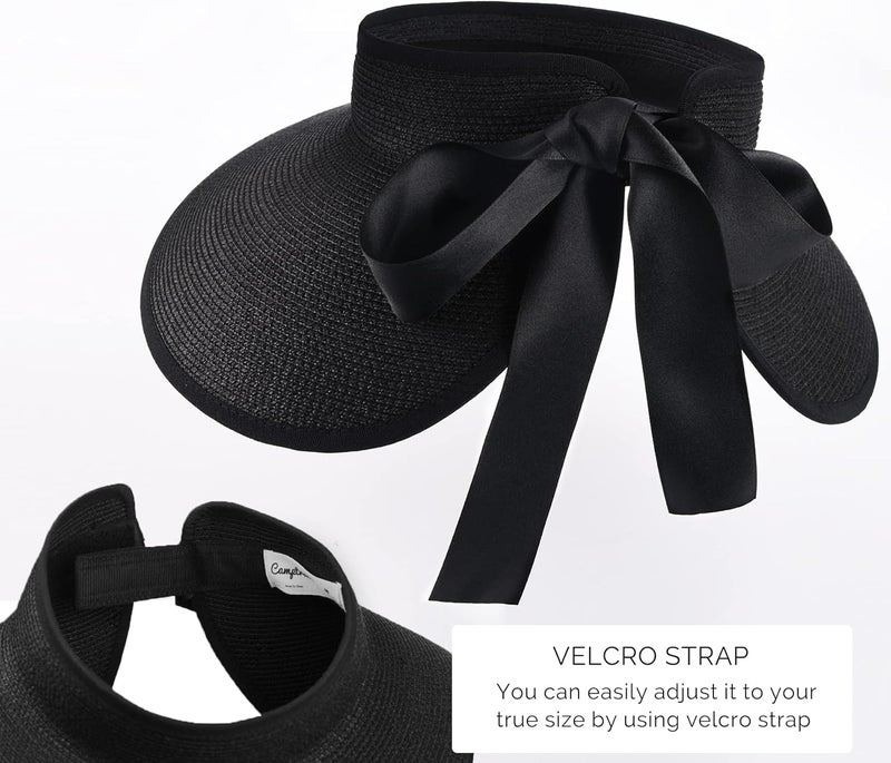 Camptrace Sun Visors for Women Wide Brim Beach Hat Foldable Straw Visor Hat Ponytail Summer Packable UPF 50+ - Image 3